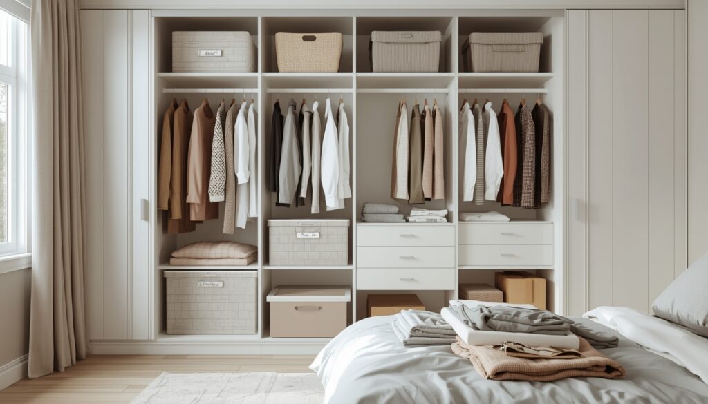 lucid origin a modern wardrobe scene showing seasonal clothing organization in a calm and org 0