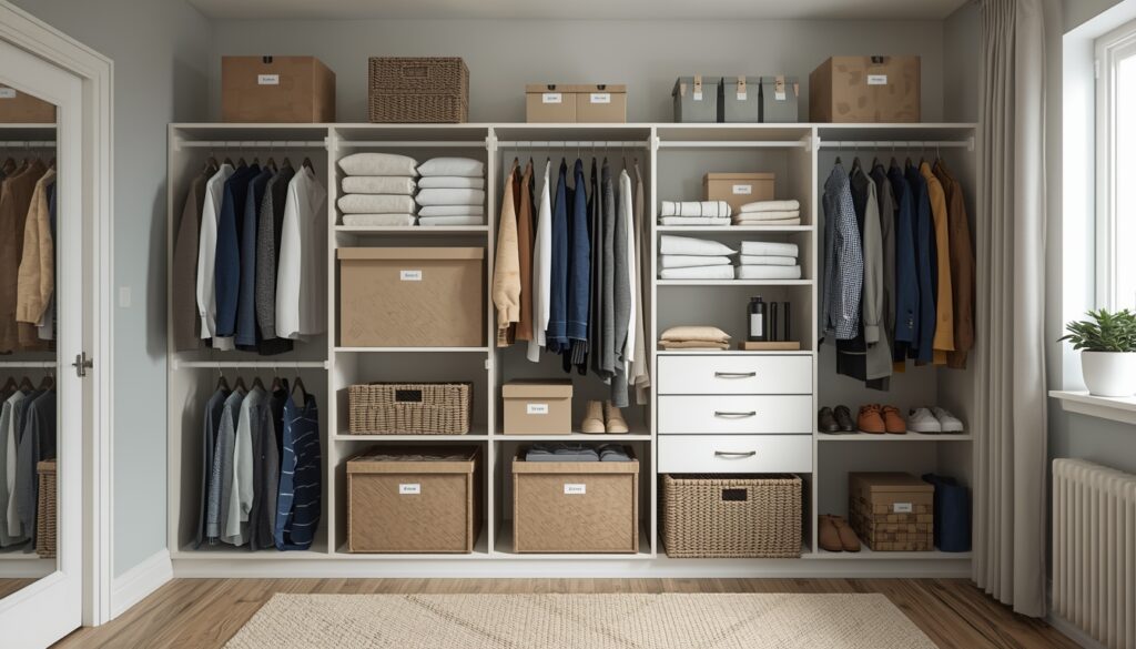 lucid origin a neatly organized room showing seasonal clothes stored efficiently using vacuum 0