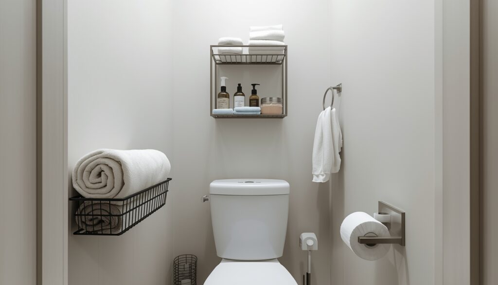 lucid origin a very small bathroom neatly organized despite limited space. the scene shows sm 0